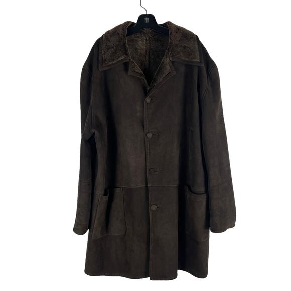 Men's Genuine Suede Shearling Long Coat Jacket Custom Made Brown Size 3XL - Picture 1 of 9